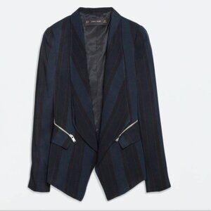 ZARA Navy Striped Wrap Waterfall Draped Blazer Jacked Coat with Zippers (Size S)